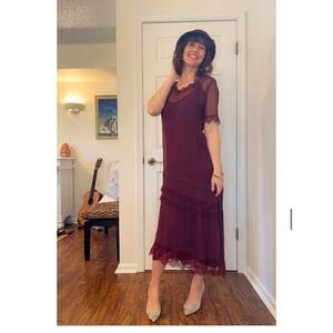 Sundance Red Burgundy Lace Trim tiered Midi‎ Dress Flapper Size 8 wedding guest